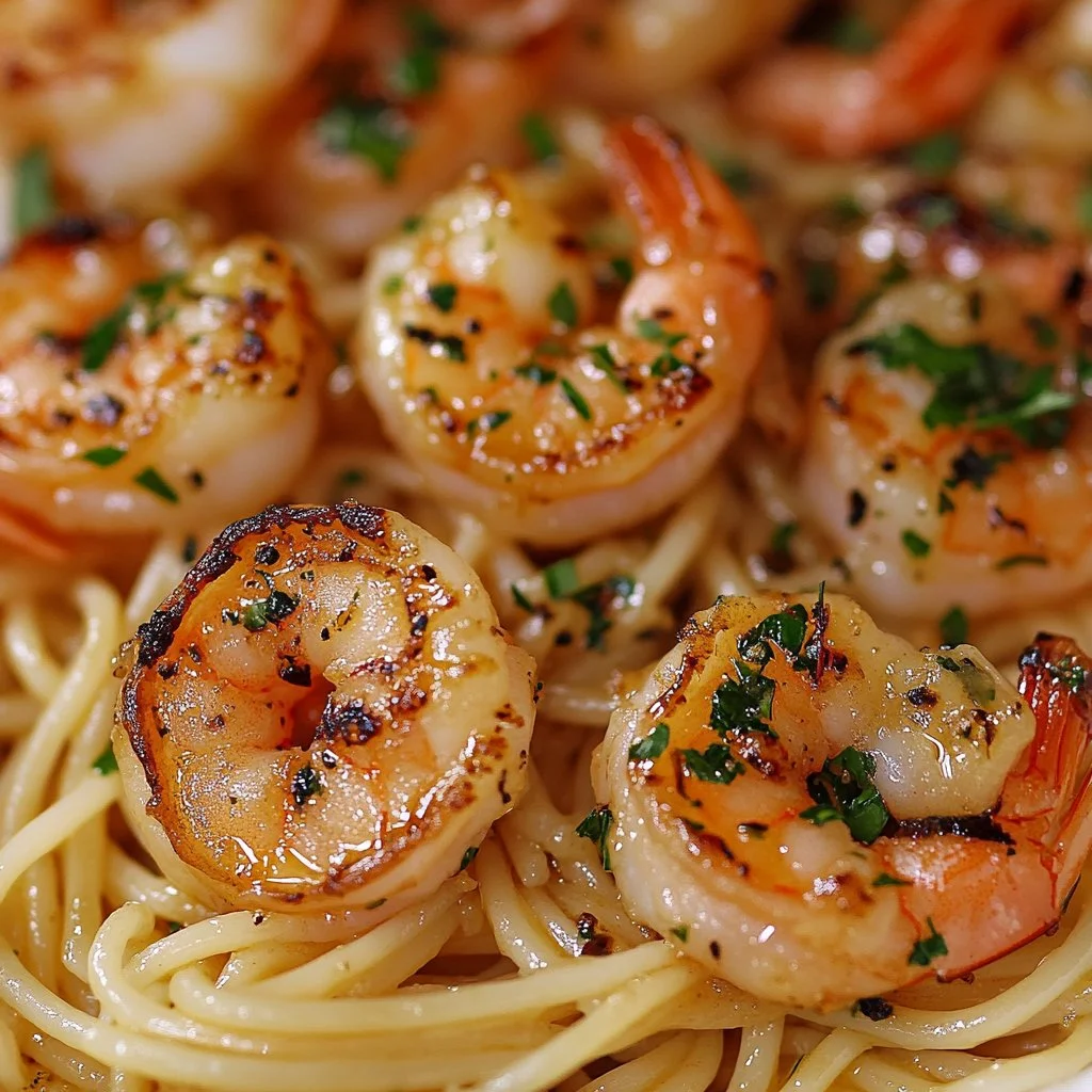 Delicious garlic butter shrimp scampi served on a plate with herbs