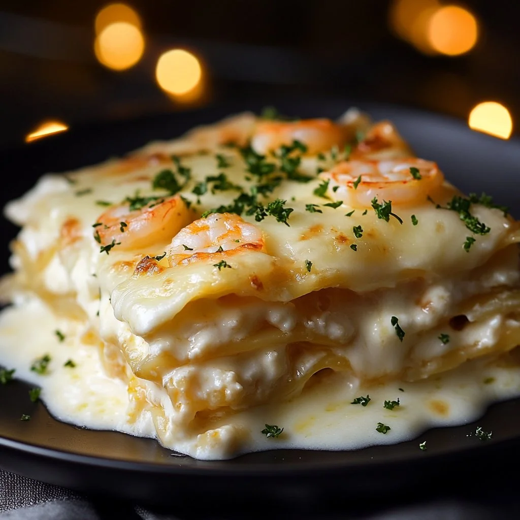Garlic Butter Shrimp Scampi Lasagna served on a plate