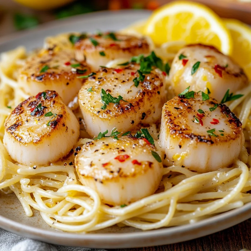 Garlic Lemon Scallops served on pasta with a sprinkle of parsley and lemon zest