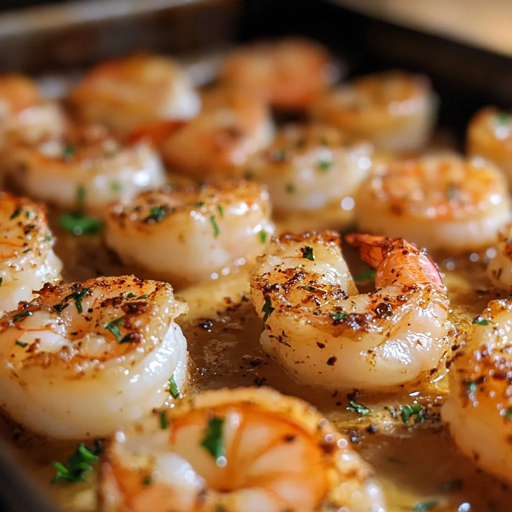 Garlic Parmesan Baked Shrimp served in a dish with fresh herbs
