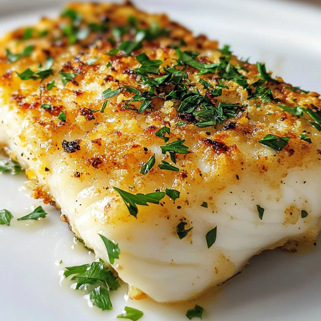 Garlic Parmesan Crusted Halibut cooked to perfection