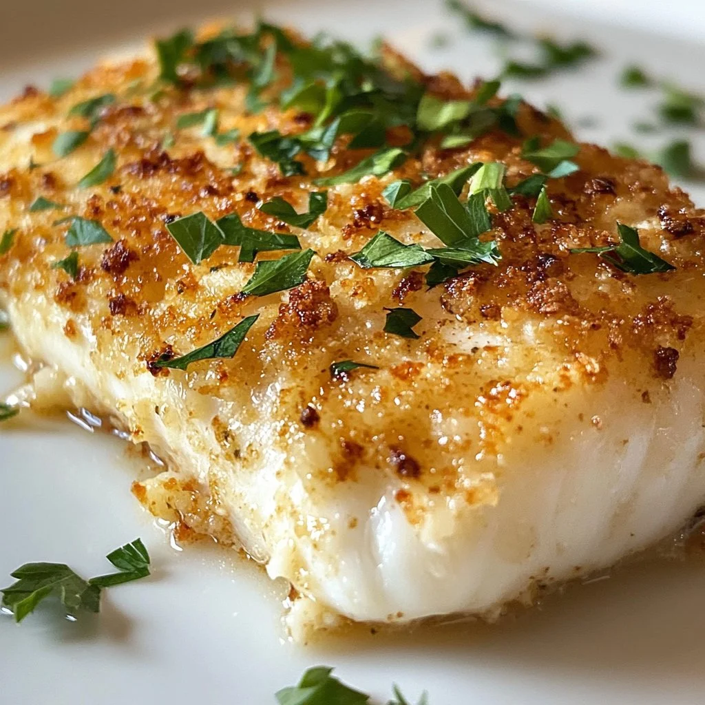 Garlic Parmesan Crusted Halibut plated with herbs and lemon garnish