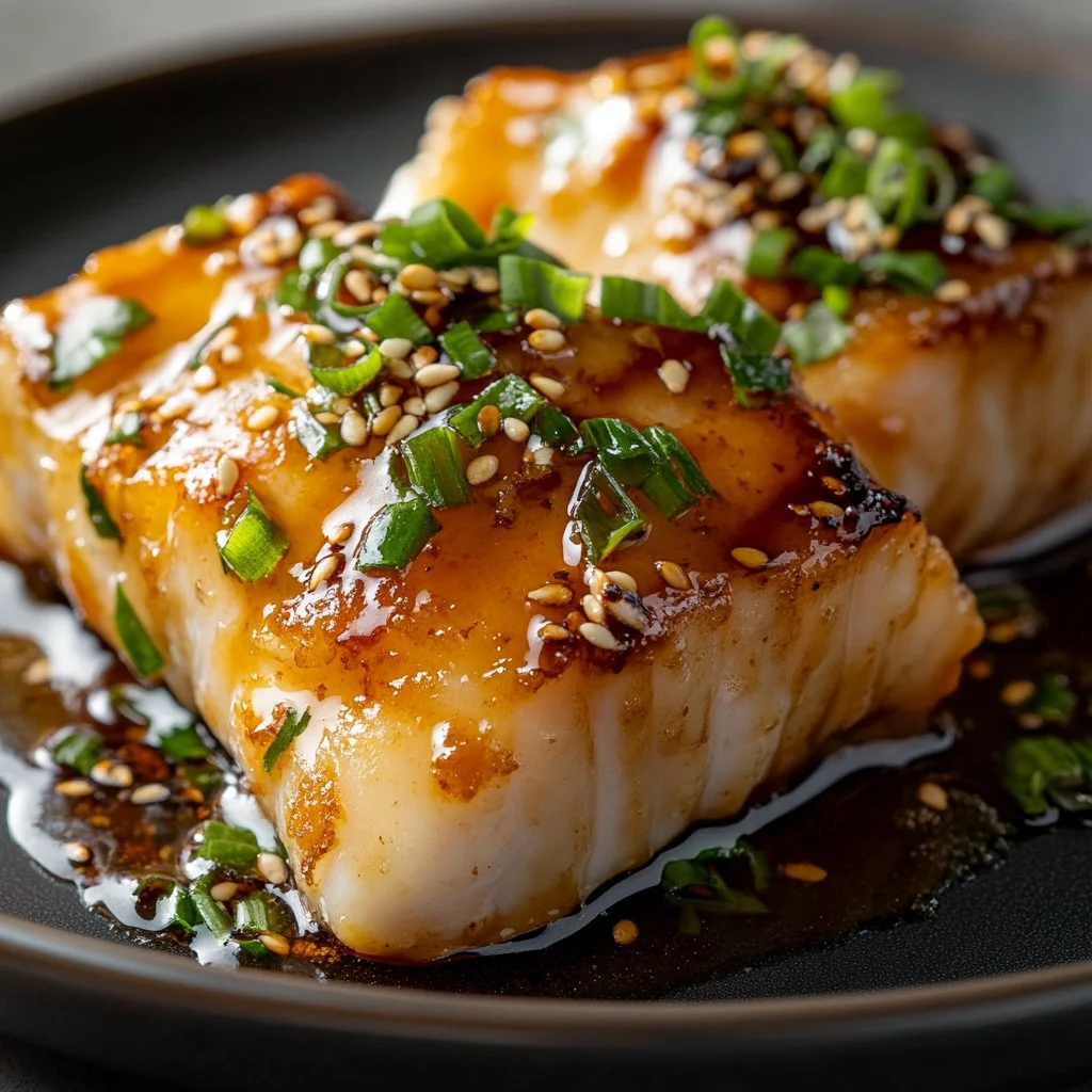 Plate of Ginger Soy Glazed Cod garnished with green onions and sesame seeds.
