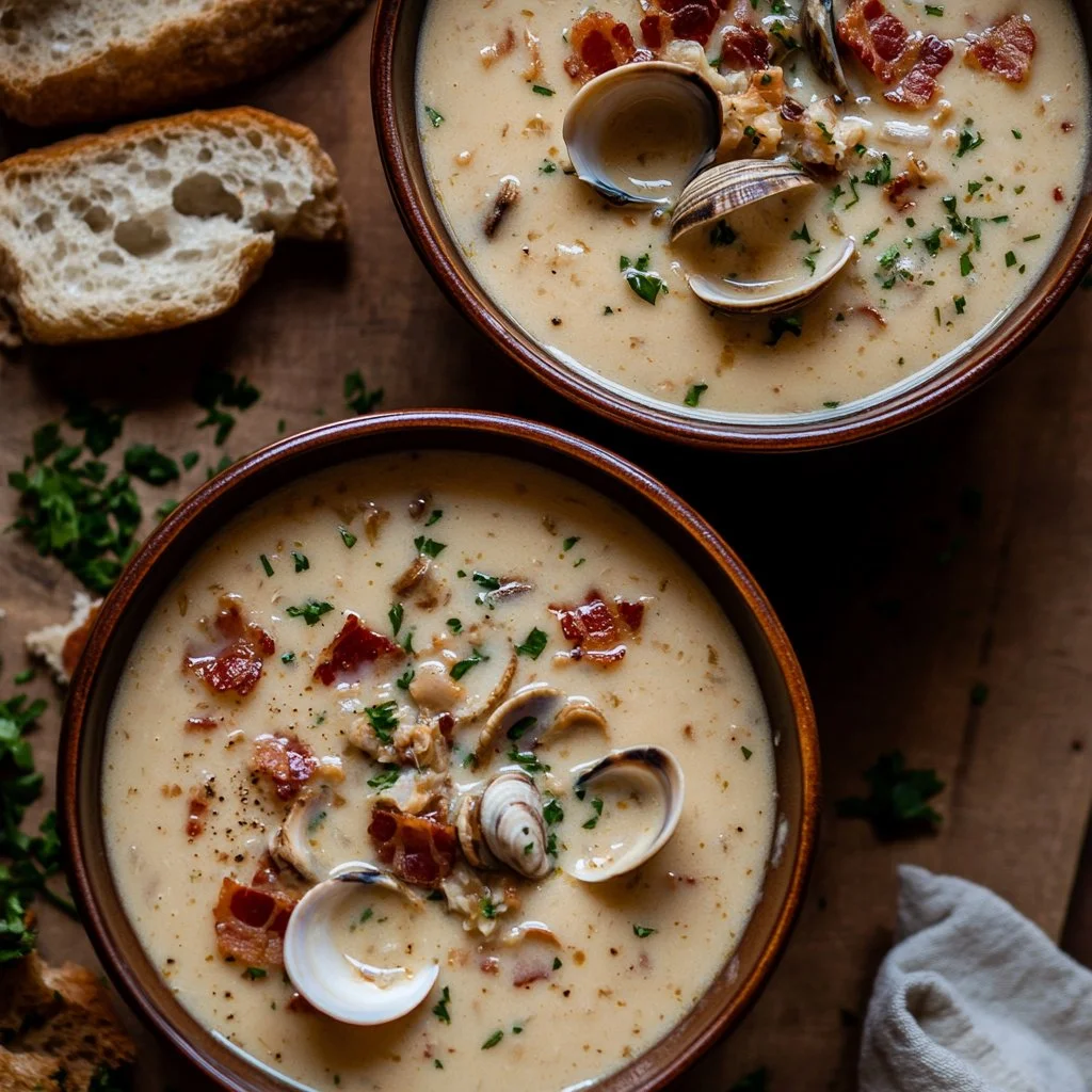 Delicious bowl of Gordon Ramsay's clam chowder with fresh ingredients