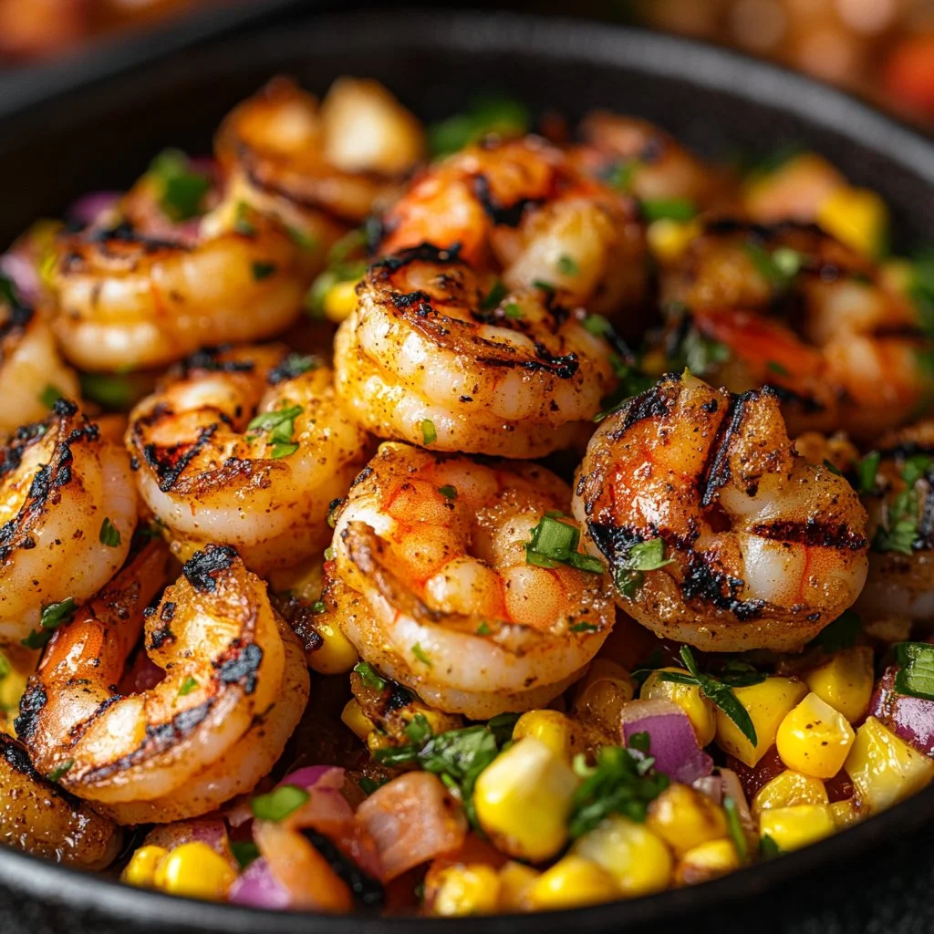 Delicious grilled shrimp bowl with fresh vegetables and rice.