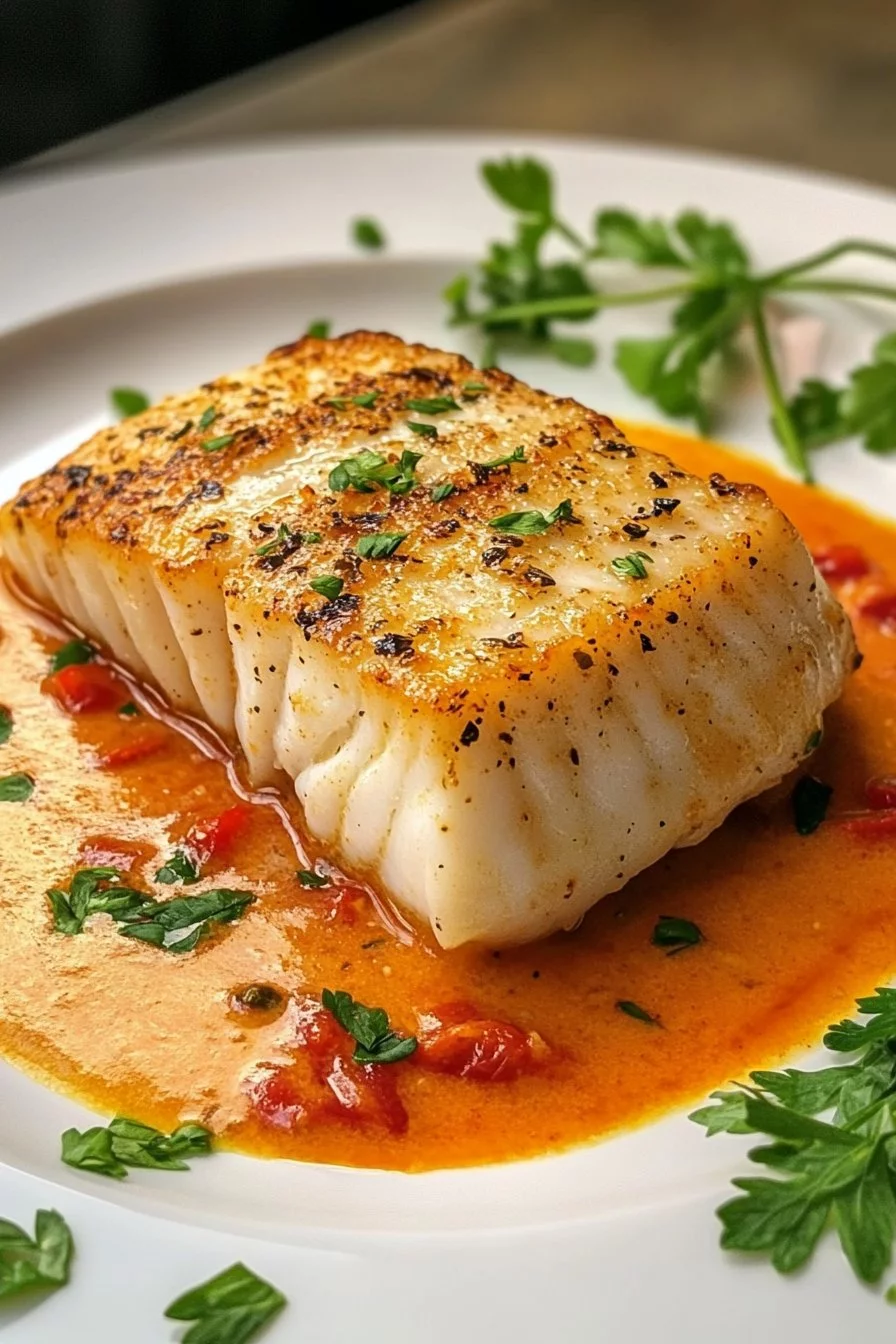 Baked Cod in Creamy Roasted Red Pepper Sauce