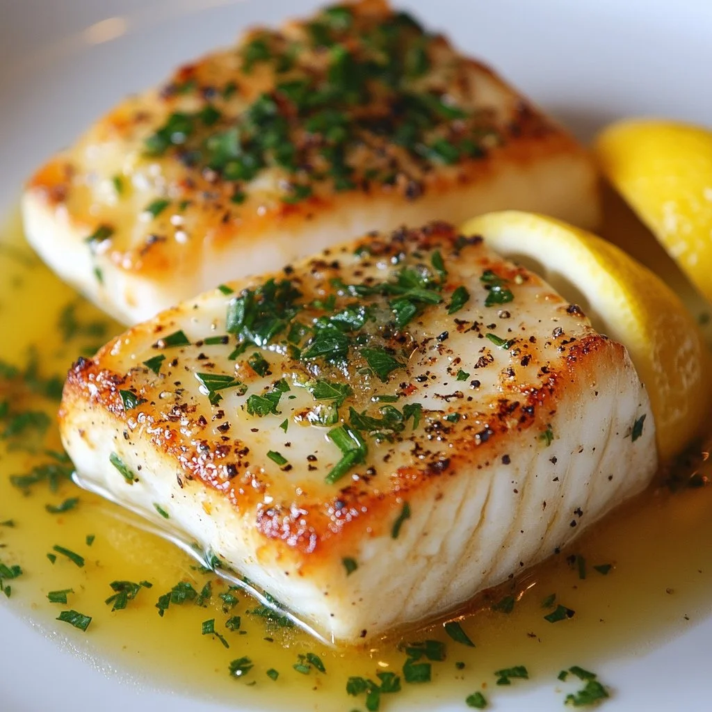 Delicious halibut fillet served with creamy lemon butter sauce
