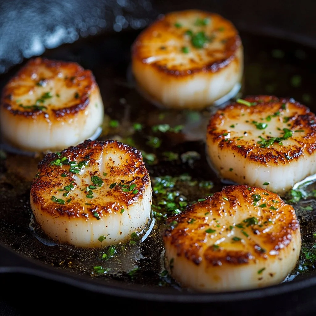 Healthy cast iron pan seared scallops served with fresh herbs