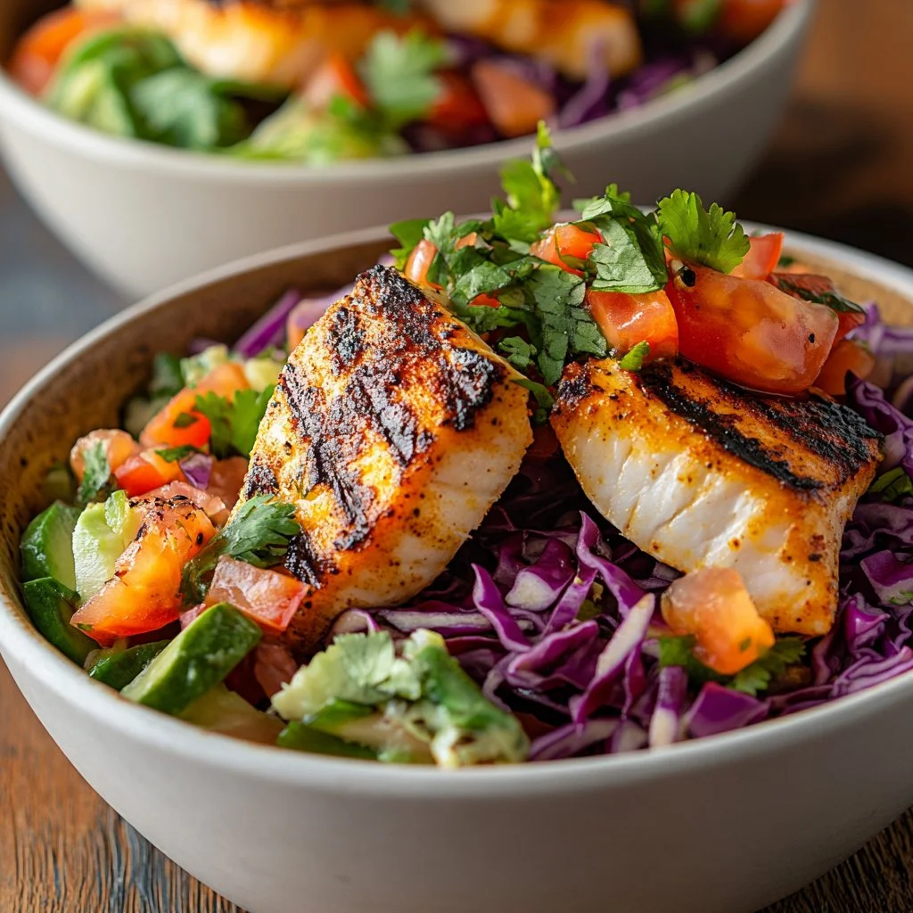 Delicious healthy fish taco bowls with fresh toppings and vibrant colors.