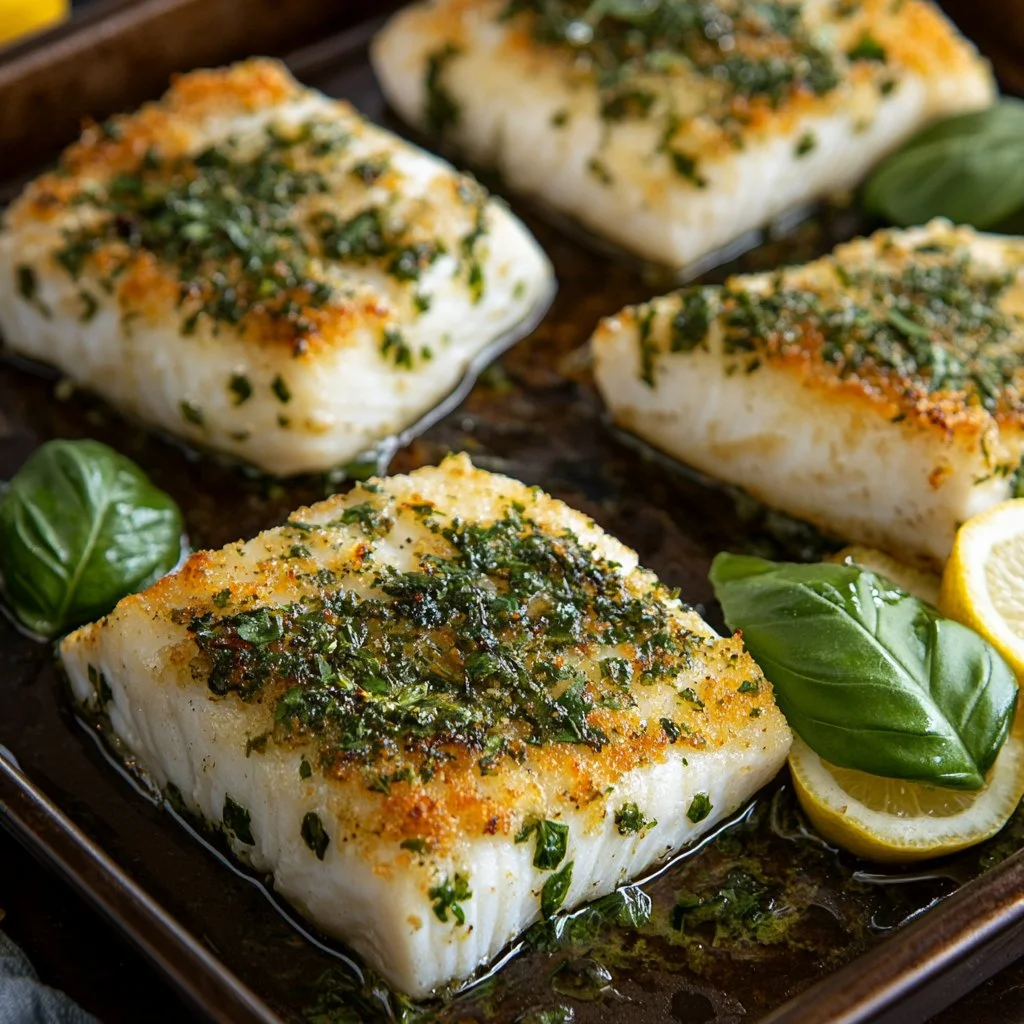 Delicious Herb Crusted Halibut served with fresh vegetables