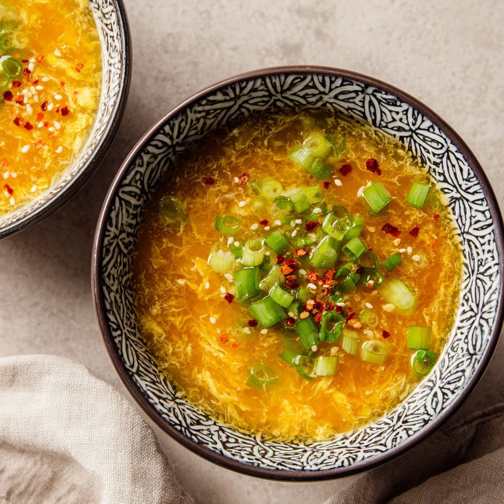 Bowl of homemade keto gluten-free egg drop soup garnished with green onions