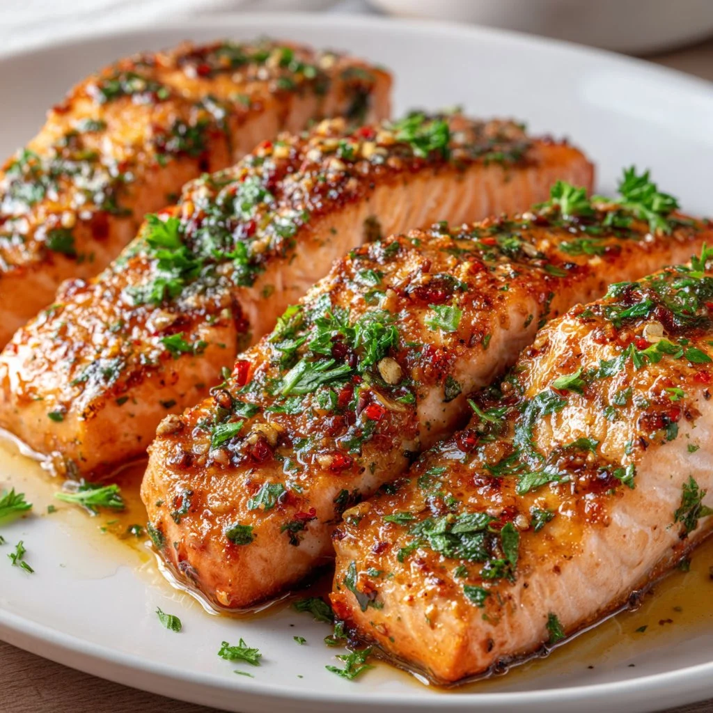 Honey baked salmon garnished with herbs, served on a white plate.