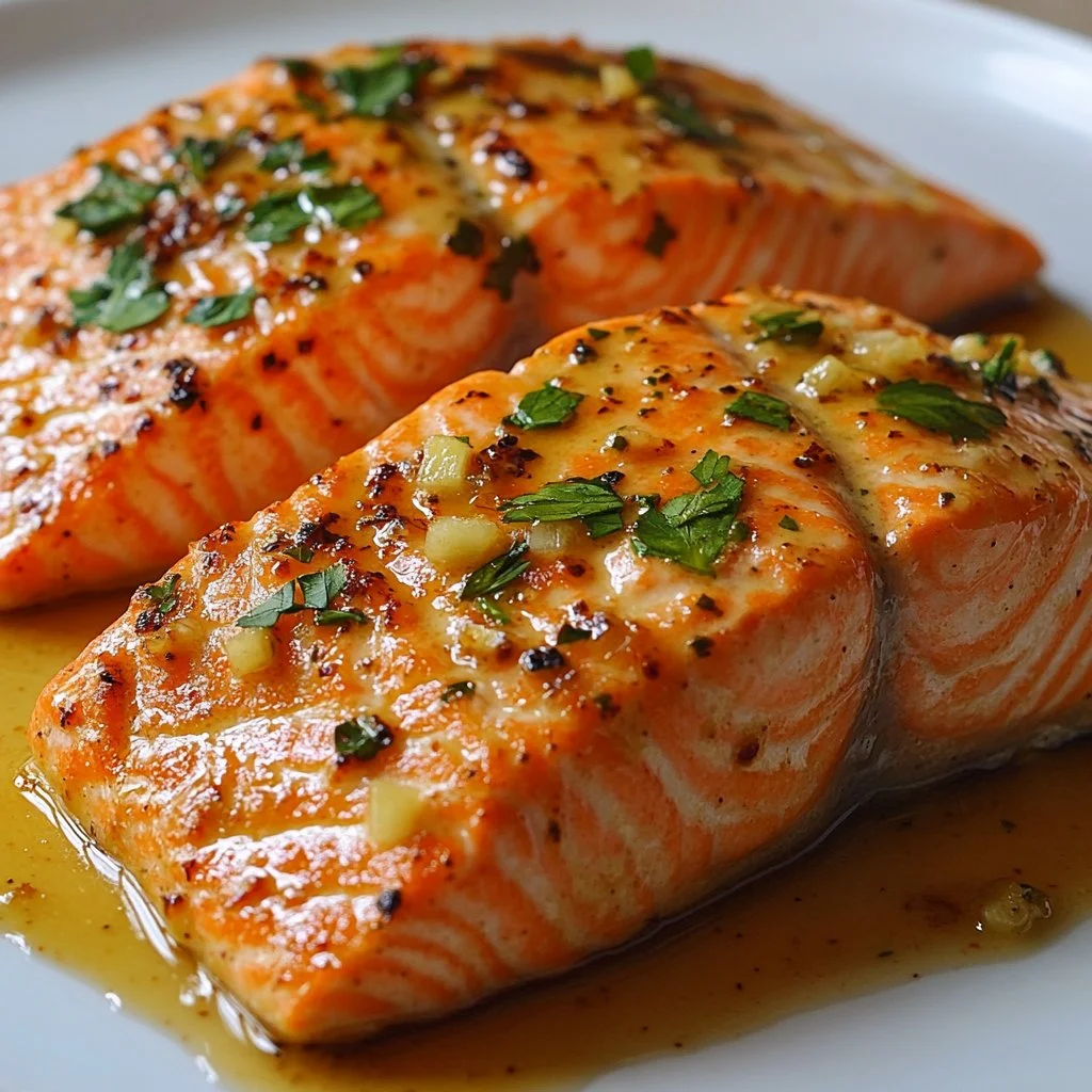 Delicious honey baked salmon dish served with lemon slices and herbs