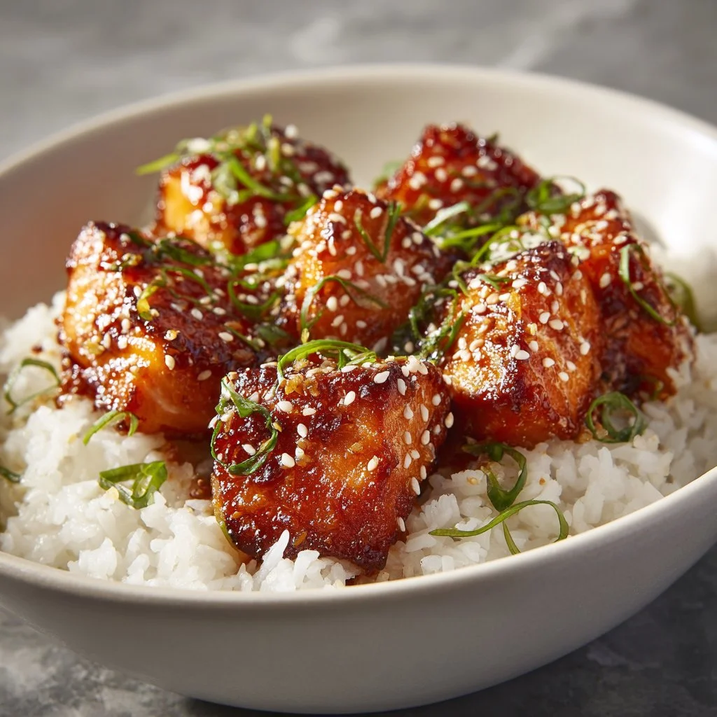 Honey Garlic Salmon Bites served on a platter with a garnish
