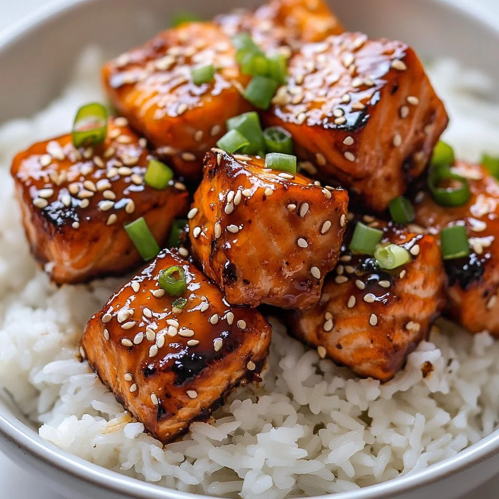 Plate of delicious honey garlic salmon bites garnished with green onions.
