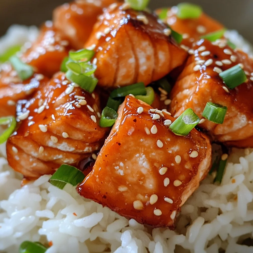 Plate of honey garlic salmon bites garnished with herbs.