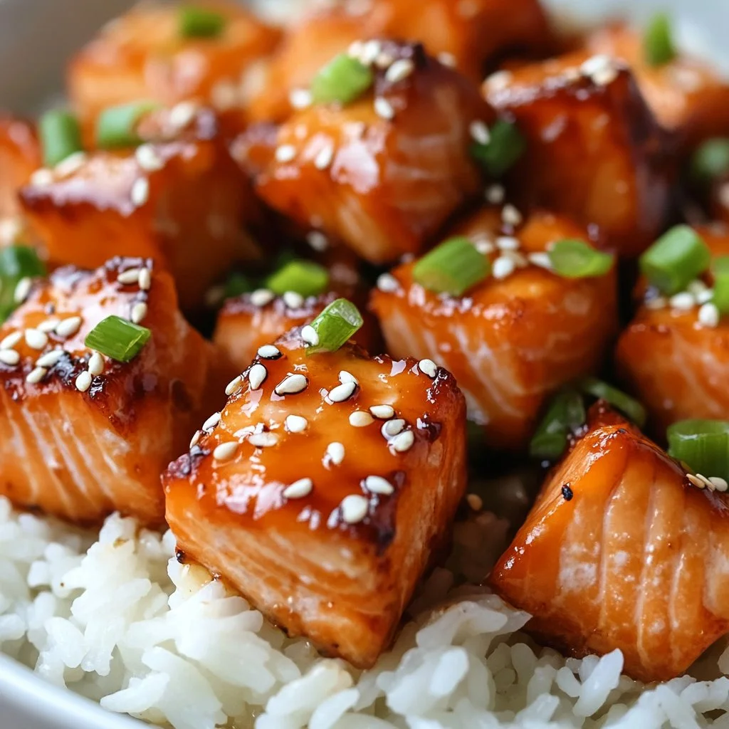 Delicious Honey Garlic Salmon Bites served on a platter.
