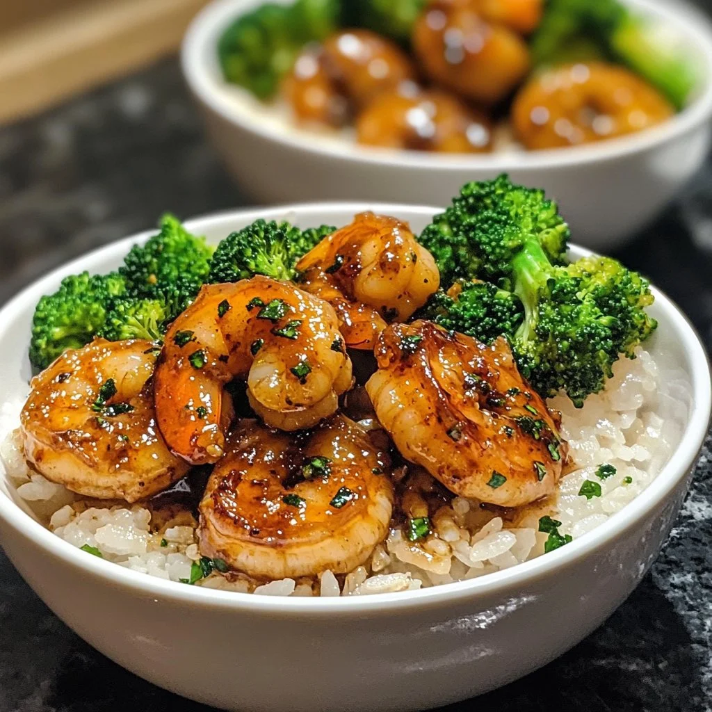 Delicious honey garlic shrimp served in a vibrant bowl with veggies and rice.