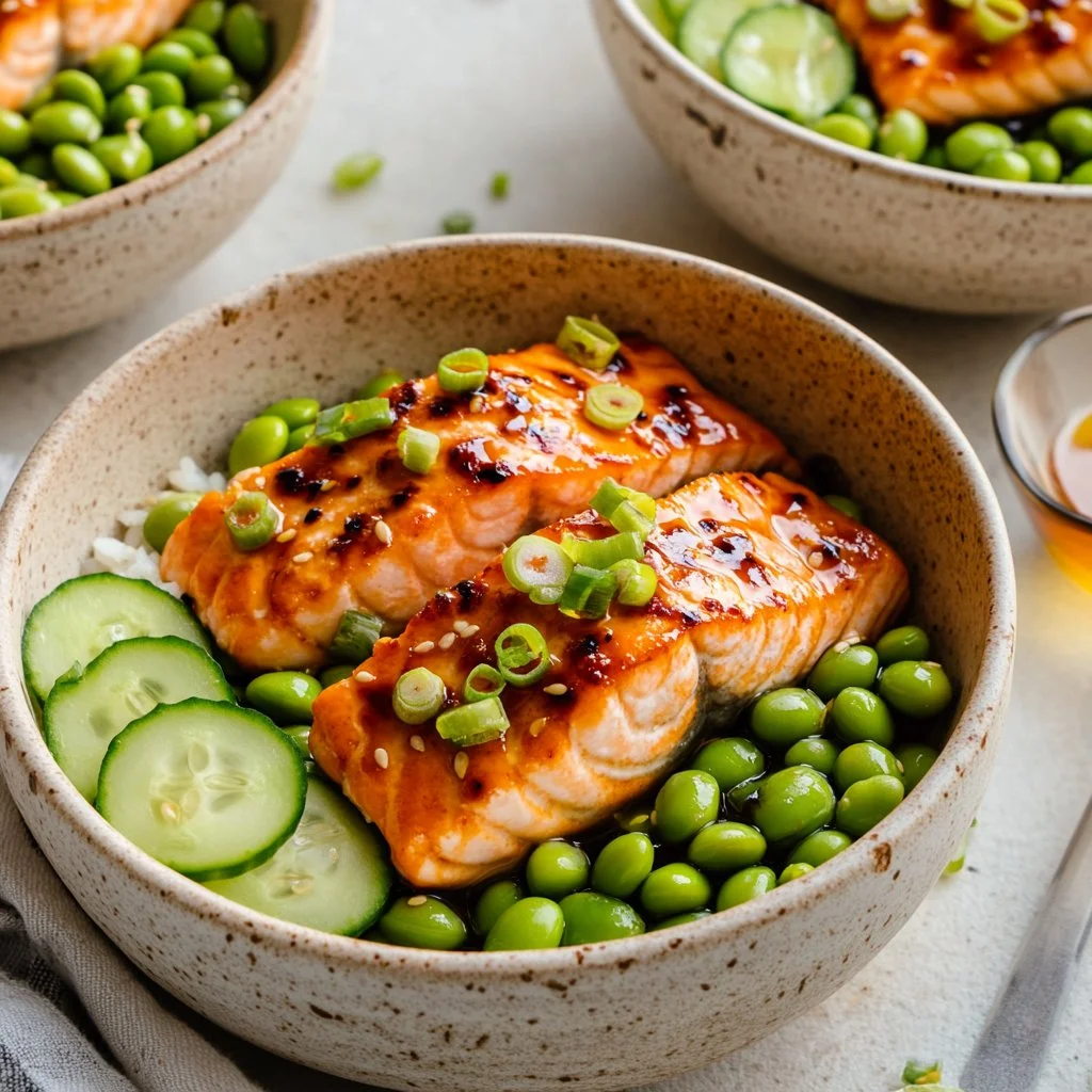 Delicious Honey Sriracha Salmon Bowl served with fresh vegetables and rice