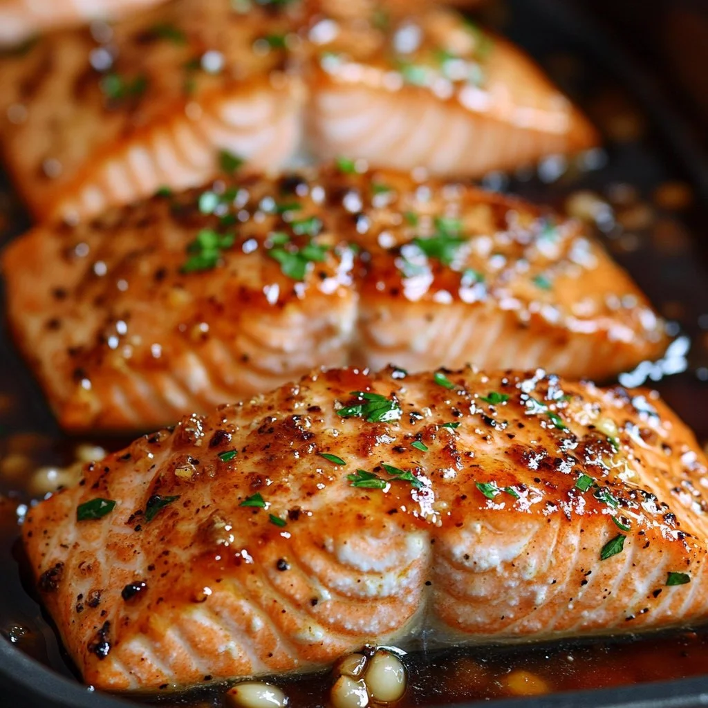 Hot Honey Salmon dish with vibrant colors and garnished herbs.