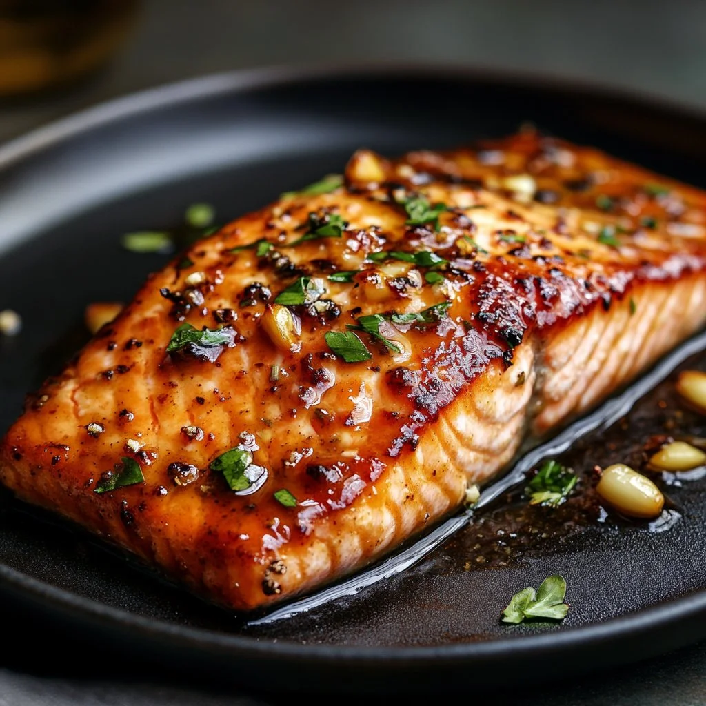 Plate of hot honey salmon garnished with herbs and served with vegetables