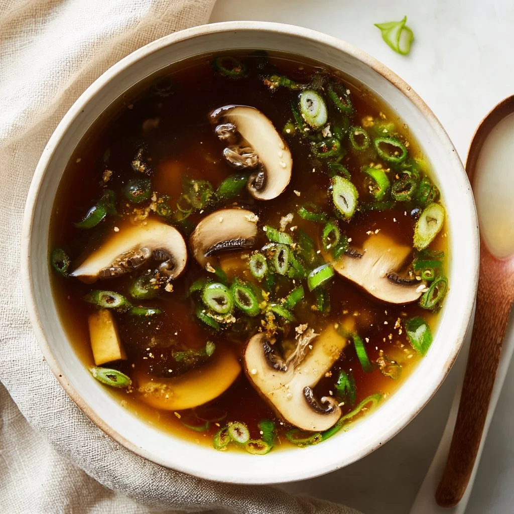 A bowl of Japanese clear soup garnished with green onions and mushrooms.