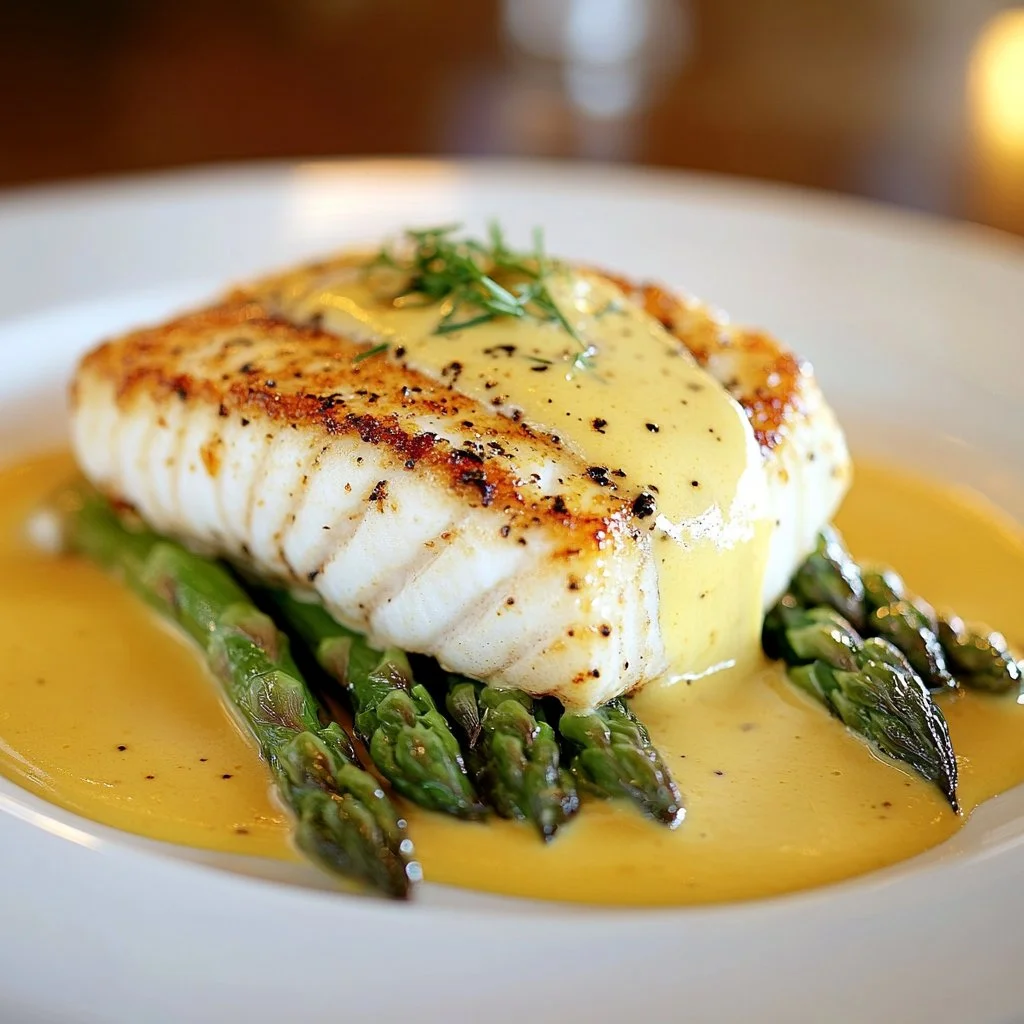 Delicious Halibut Oscar dish topped with crab and asparagus in hollandaise sauce