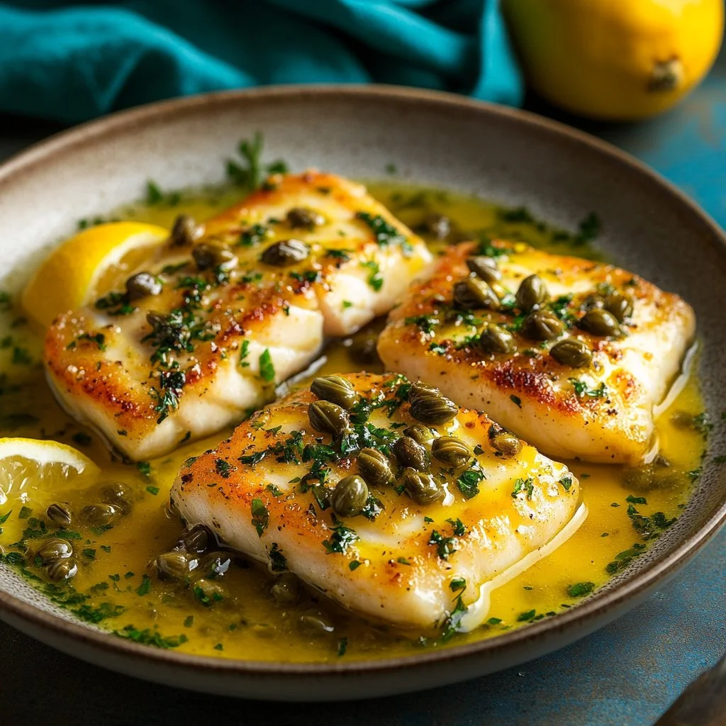 Plate of Keto Cod Piccata with capers and lemon butter sauce