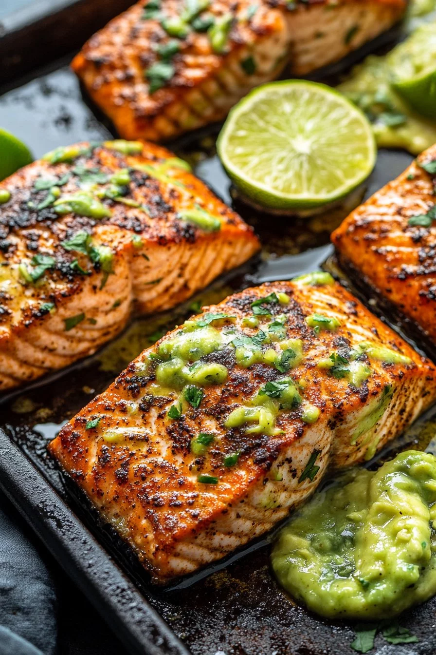 Quick Baked Cajun Salmon with Avocado Lime Sauce