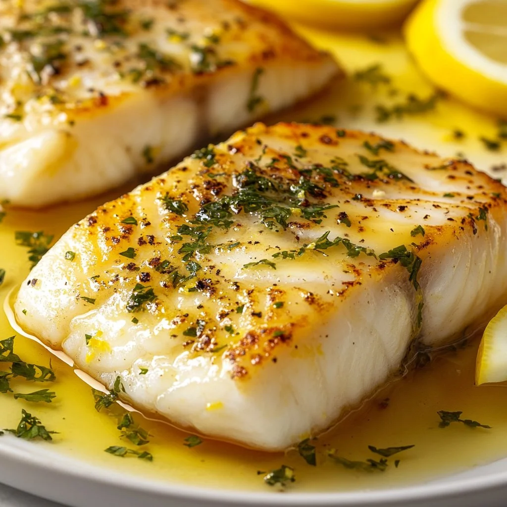 Lemon Butter Baked Cod served on a plate with fresh herbs and lemon slices