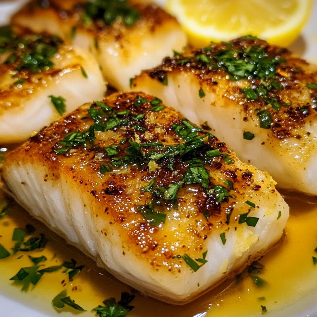 Delicious lemon butter baked cod served with fresh herbs and lemon wedges.