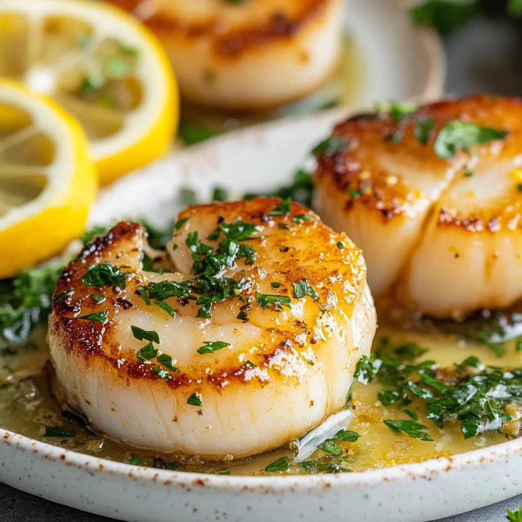 Delicious Lemon Butter Scallops served on a plate with herbs