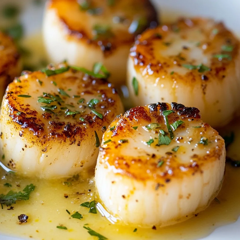 Plate of delicious lemon butter scallops garnished with fresh herbs