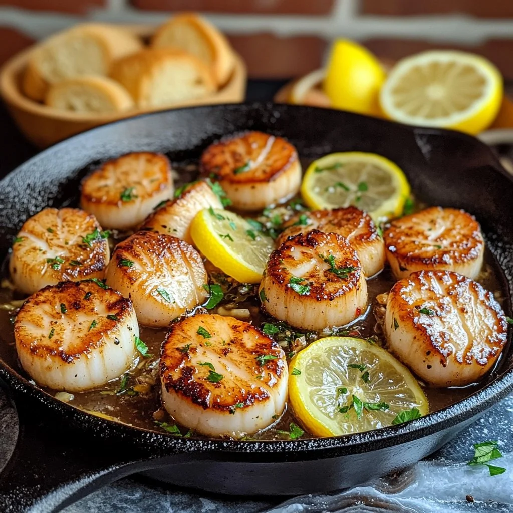 Delicious lemon butter scallops served with garlic crostini