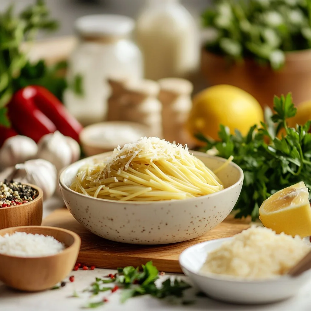 Plate of lemon garlic pasta with fresh herbs and grated cheese
