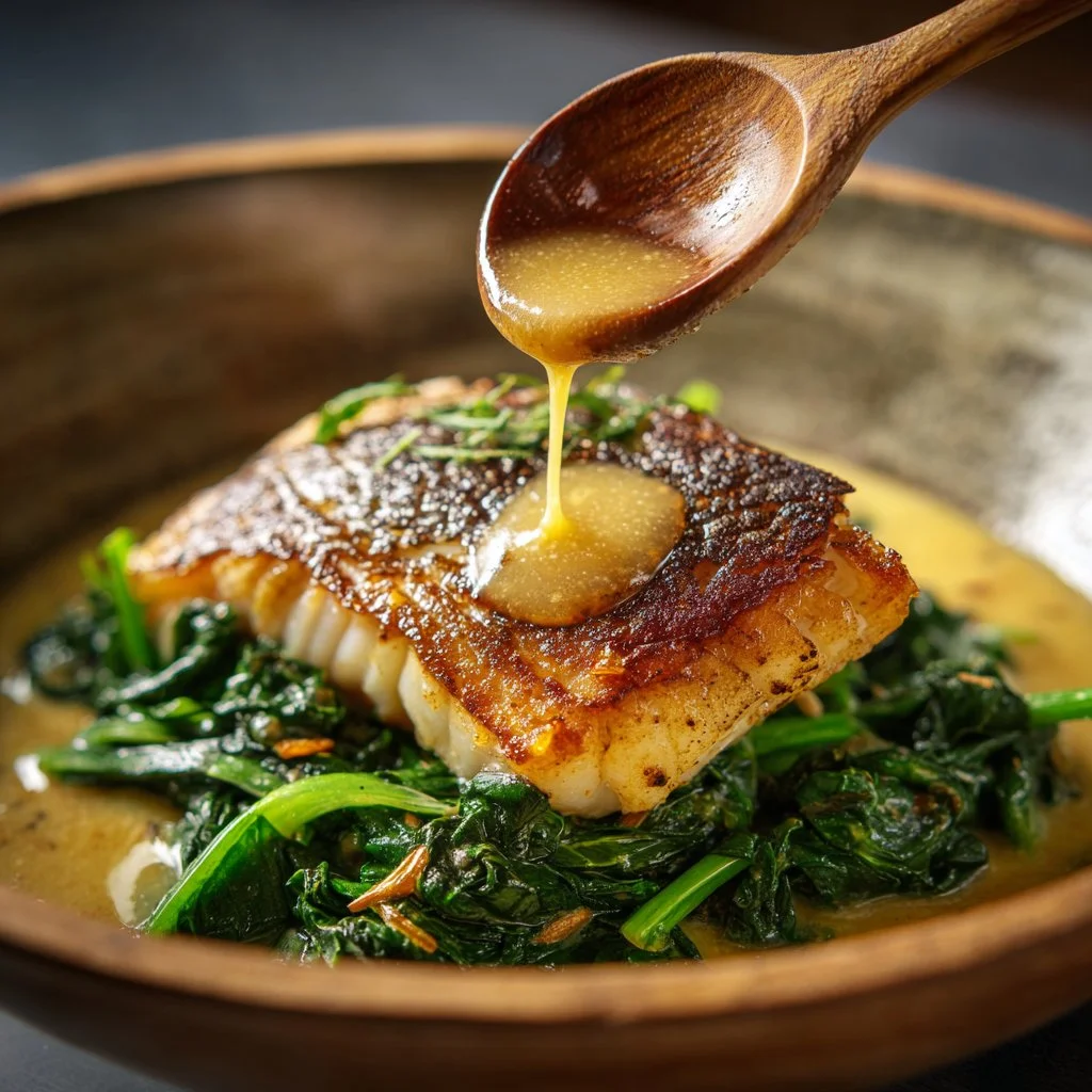 Lemon-Garlic Sea Bass served with creamy spinach on a plate