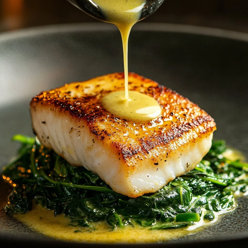 Lemon-Garlic Sea Bass served with creamy spinach in an elegant dish