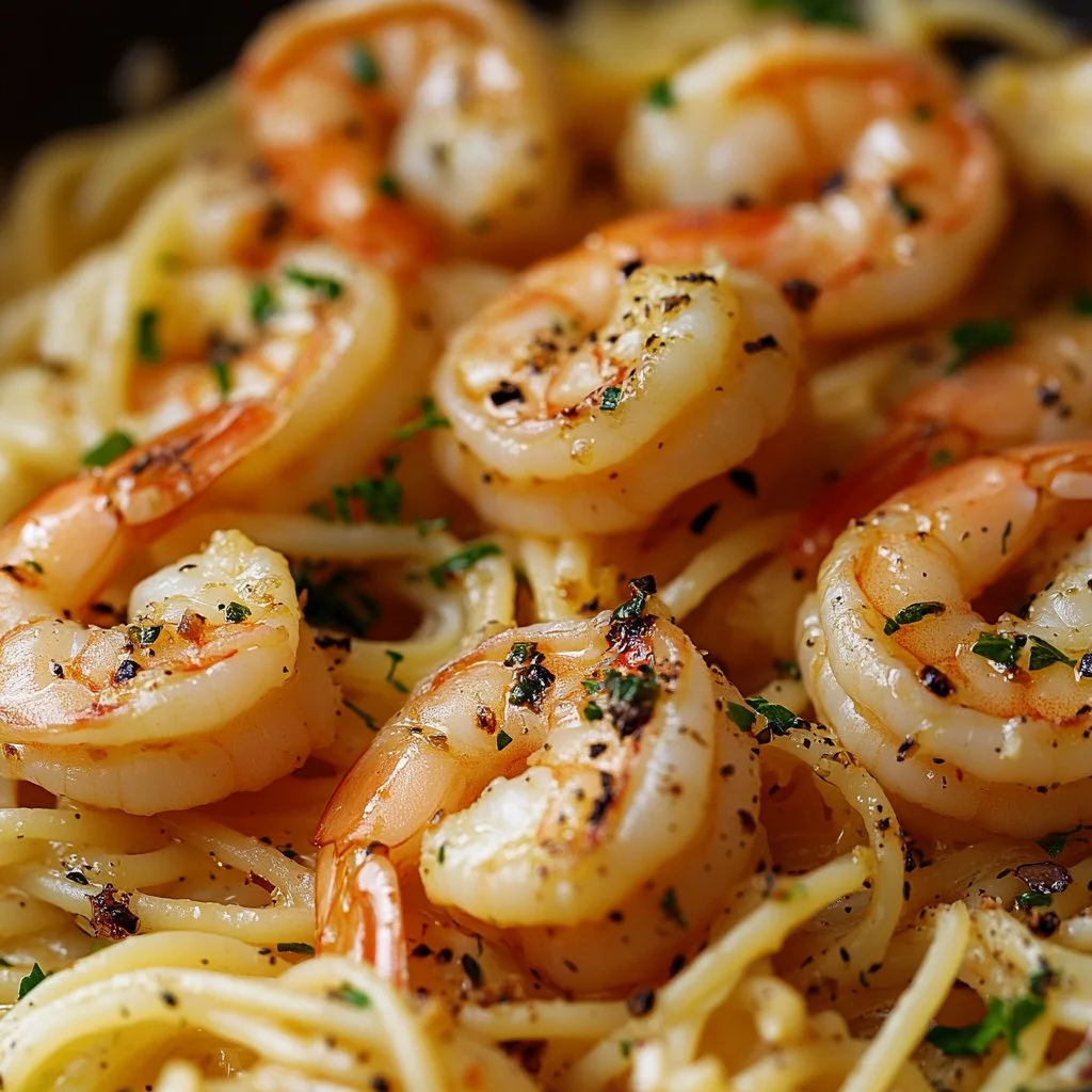 Plate of lemon garlic shrimp pasta garnished with parsley
