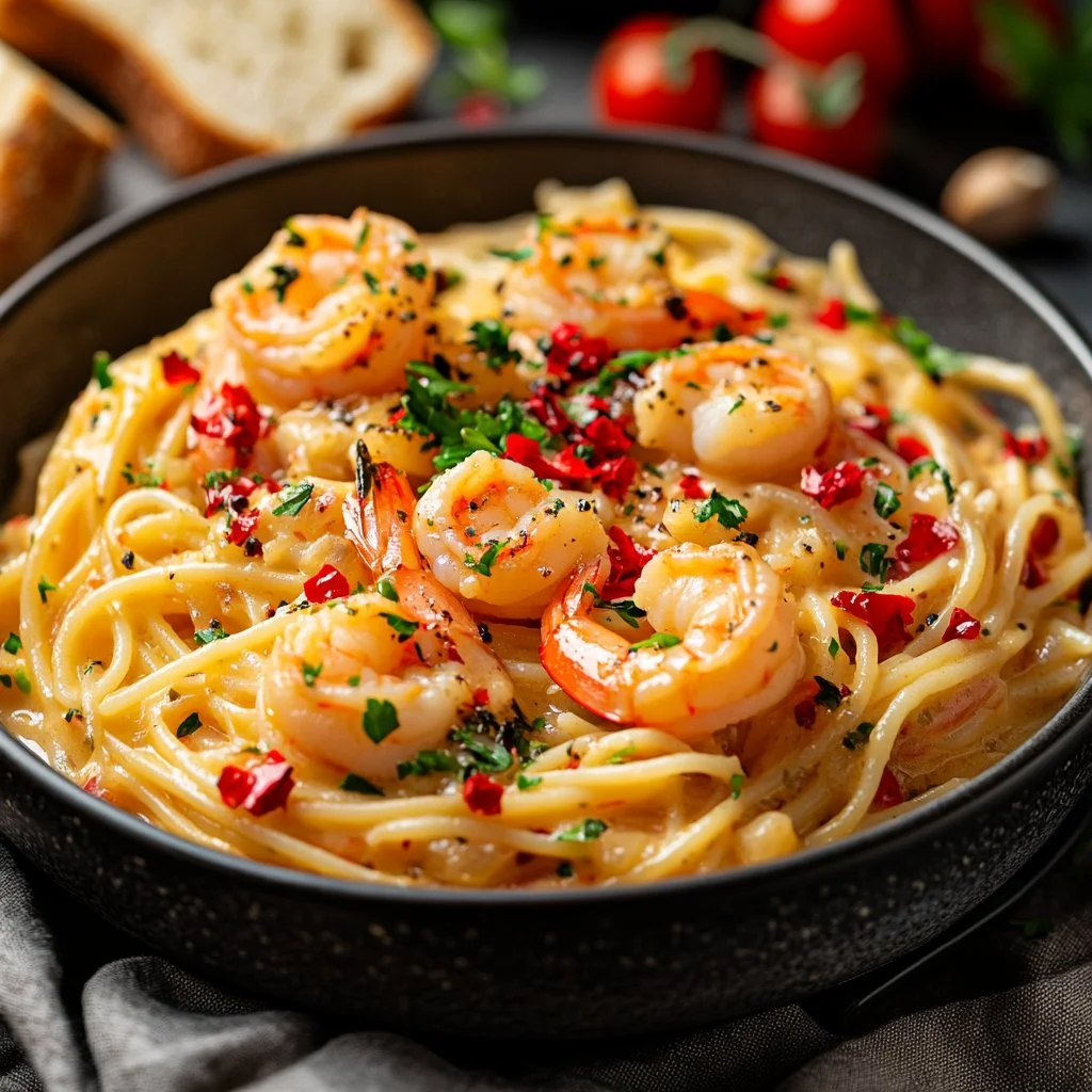 Delicious lobster bisque pasta served with fresh herbs and a sprinkle of Parmesan.