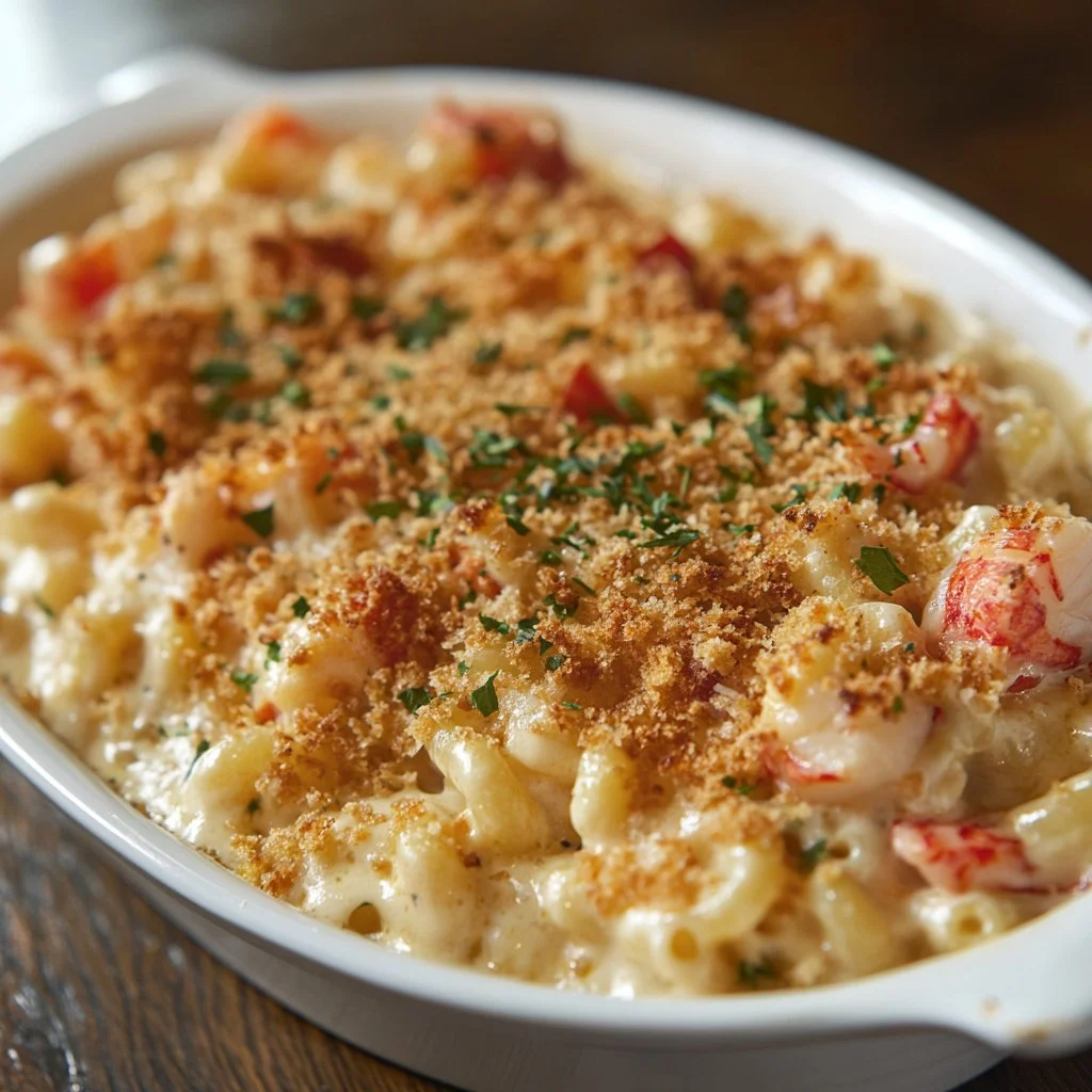 Creamy Lobster Mac Cheese with succulent pieces of lobster and melted cheese