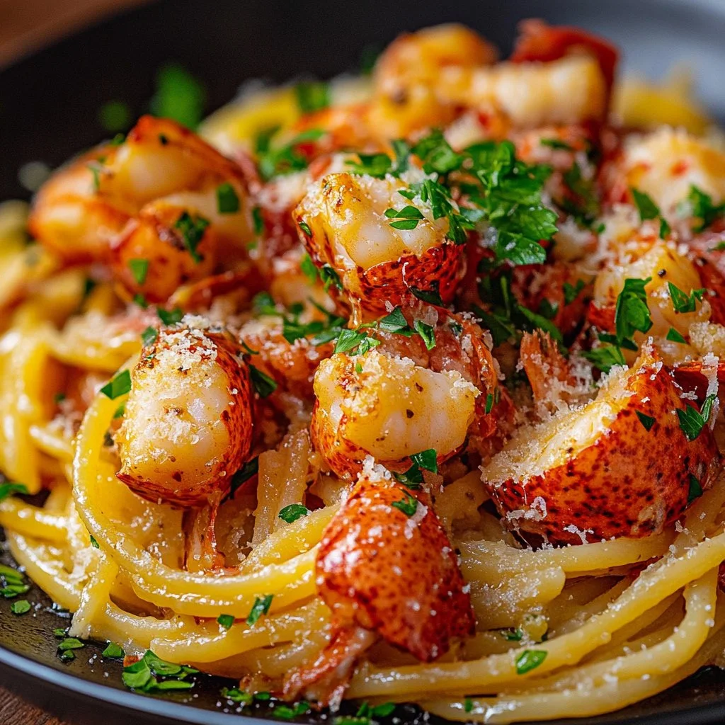 Delicious lobster pasta dish garnished with herbs and served in a stylish bowl.