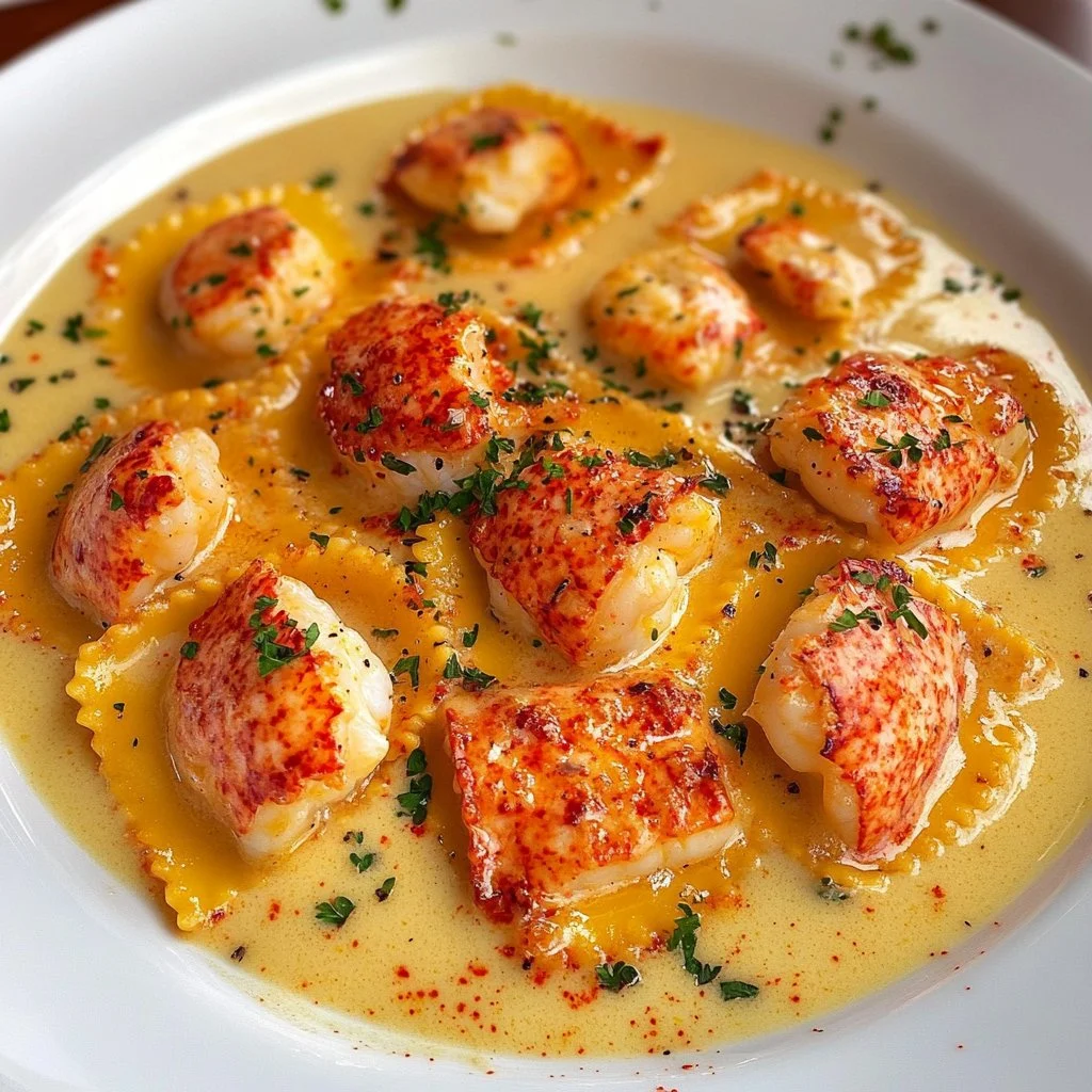 Delicious Lobster Ravioli drizzled with rich garlic butter sauce