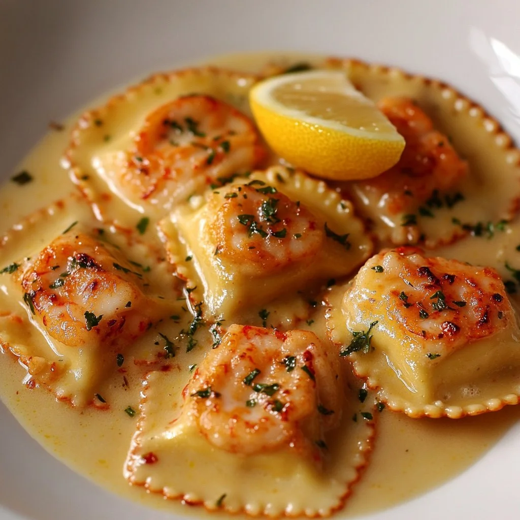 Delicious Lobster Ravioli with creamy sauce on a plate