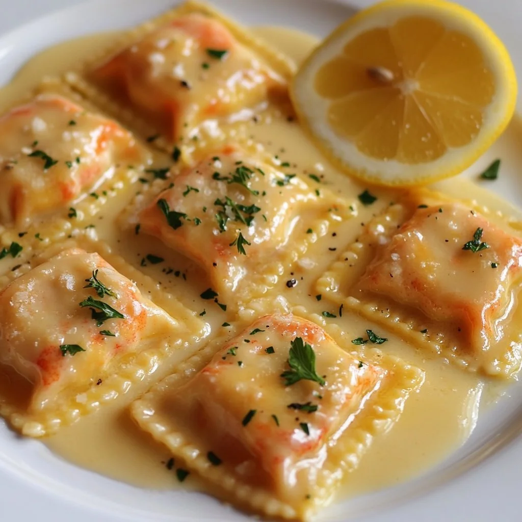 Delicious Lobster Ravioli topped with Lemon Butter Sauce on a plate.