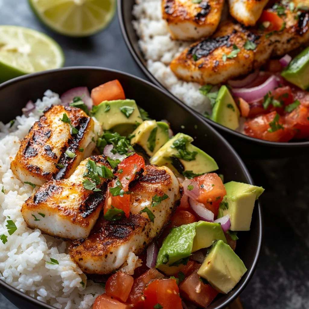 Colorful low-carb fish taco bowl with fresh vegetables and seasoning