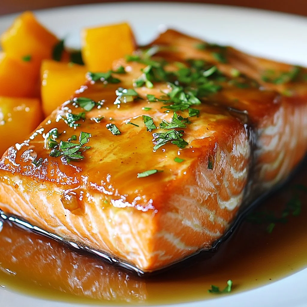Maple glazed salmon on a plate garnished with herbs and lemon slices.