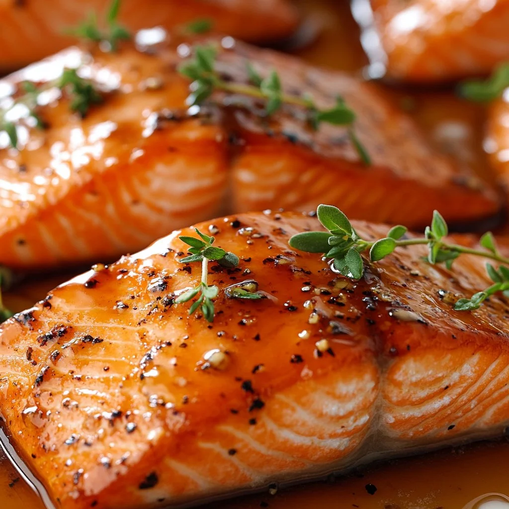 Delicious Maple Glazed Salmon fillet with garnishes on a plate