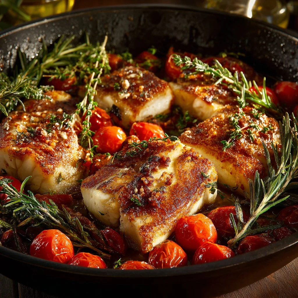 Mediterranean baked fish served with vegetables and herbs