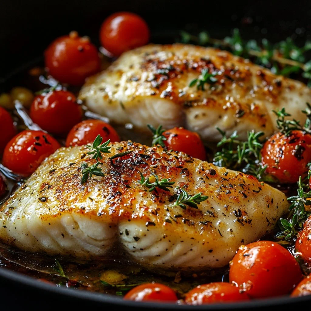 Delicious Mediterranean baked fish with herbs and vegetables on a plate