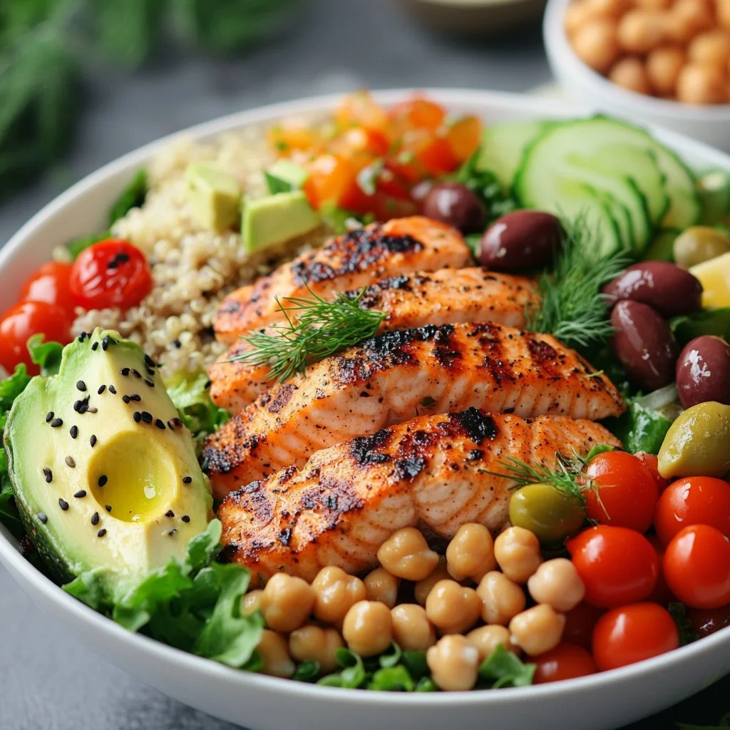 Colorful Mediterranean Salmon Bowl with fresh vegetables and grains
